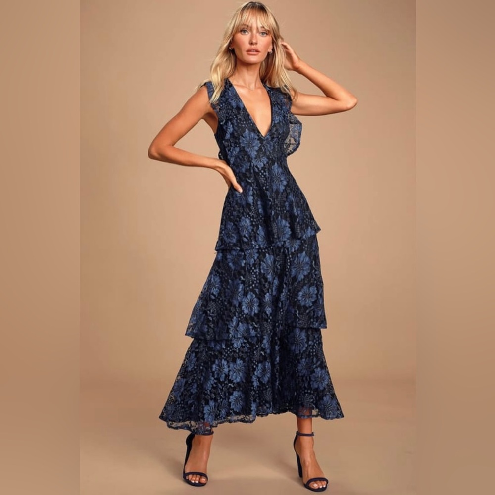 Molinetto Navy Blue Lace Ruffled Tiered Sleeveless Maxi Dress